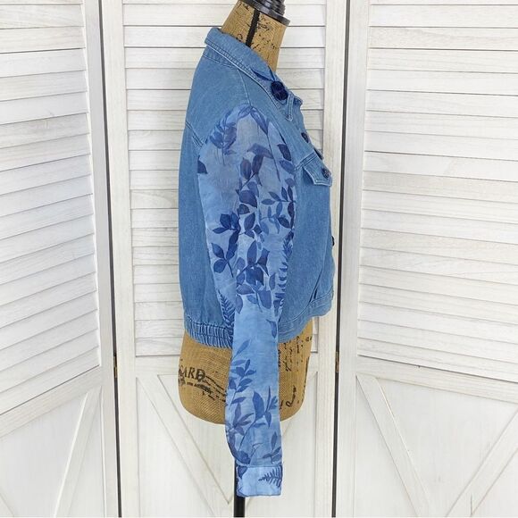Nancy Bolen City Girl Embroidered Chambray Sheer Sleeve Crop Shacket Blue 10P - Picture 3 of 14